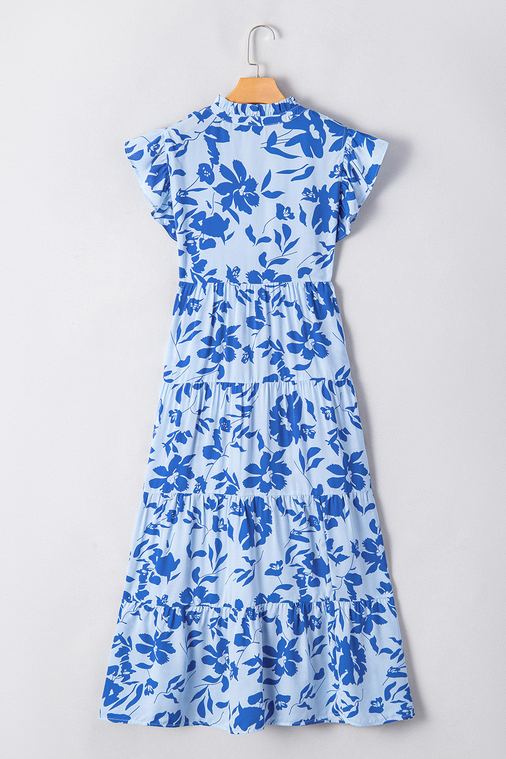 Sky Blue Floral Print Tiered Frilled Trim Flutter Sleeve Maxi Dress 🇨🇳