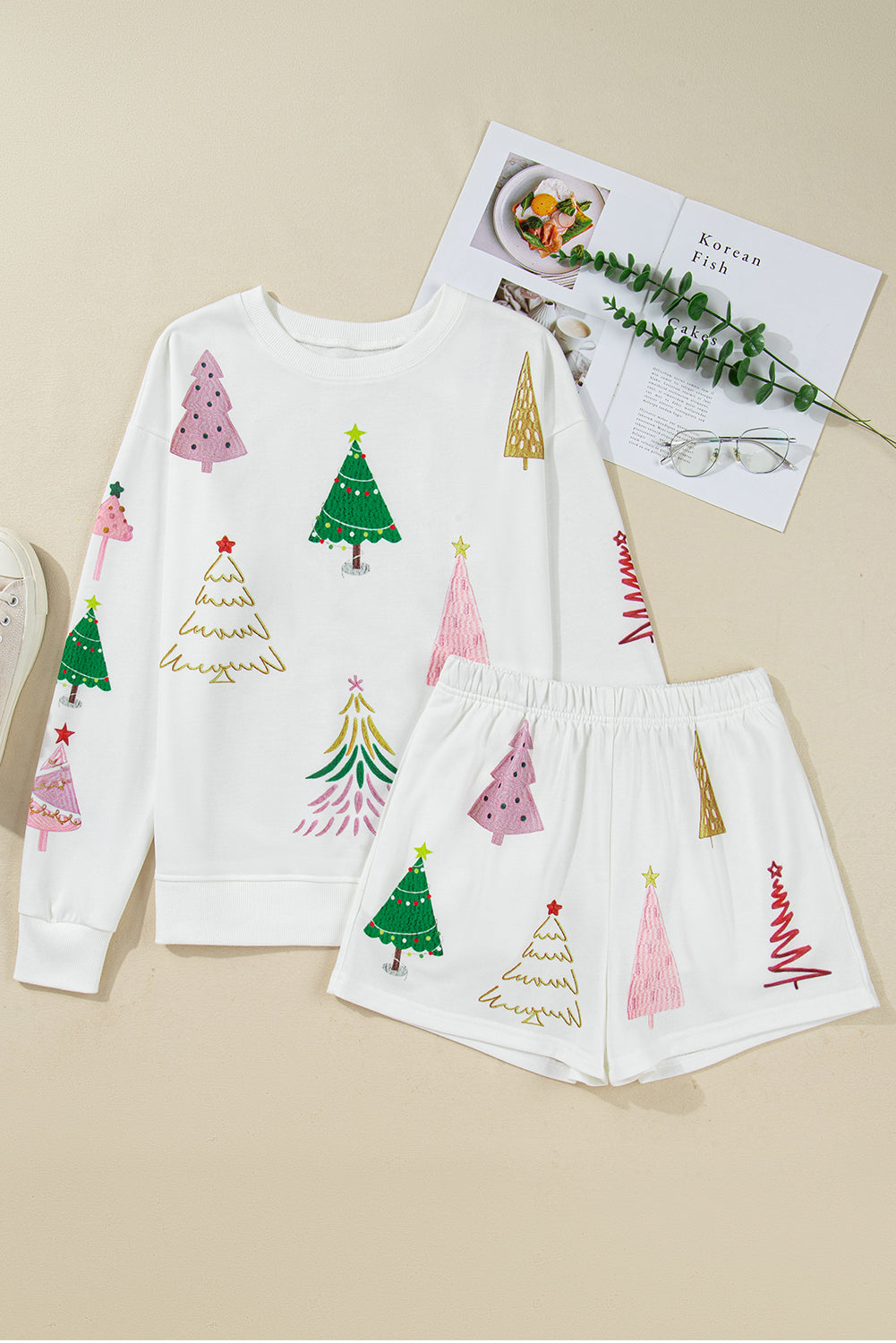 White Stripe Multi Christmas Tree Long Sleeve Top and Shorts 2pcs Lounge Set 🇺🇸