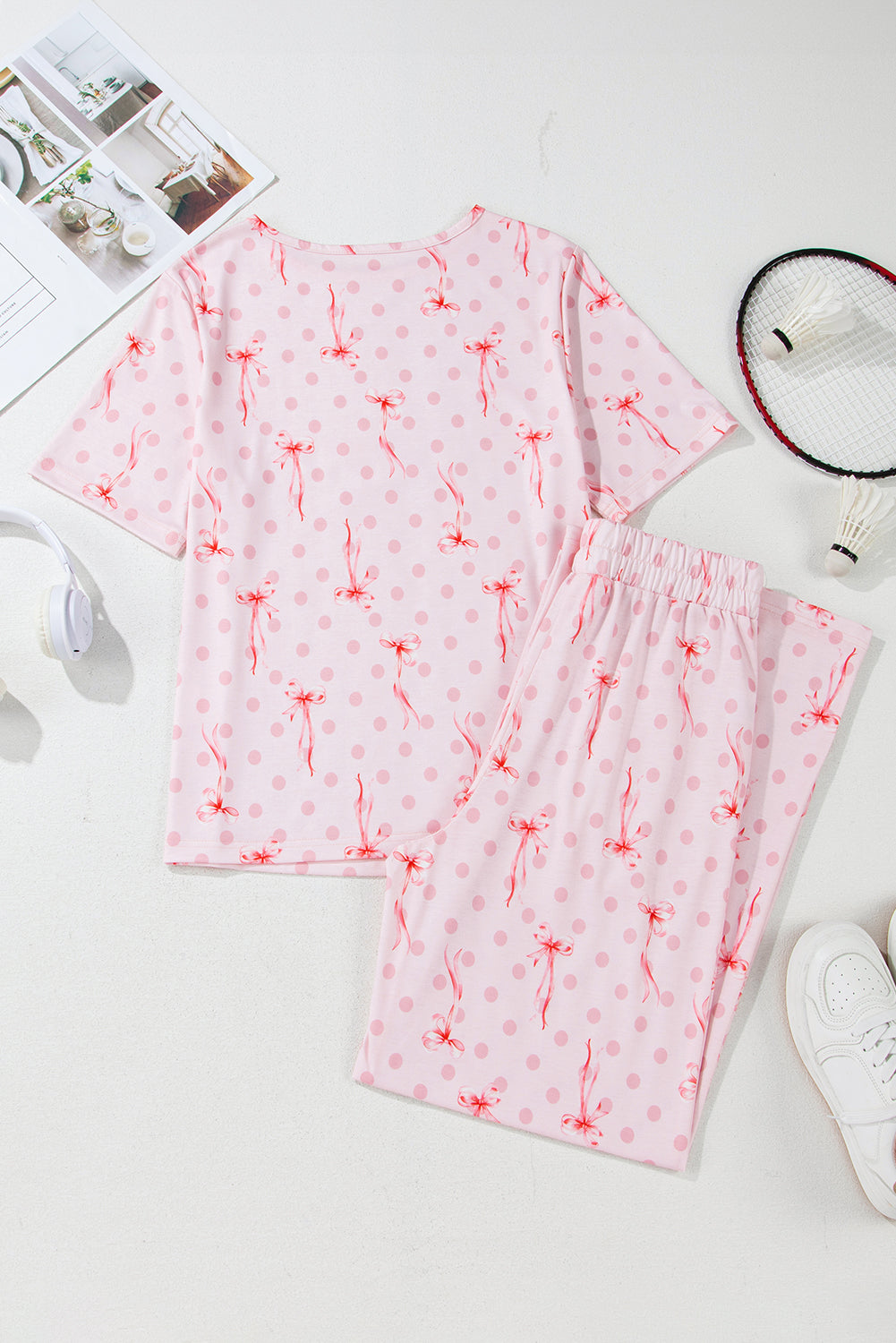 Pink Bow Knot Polka Dot Print Short Sleeve Top Lounge Set 🇺🇸