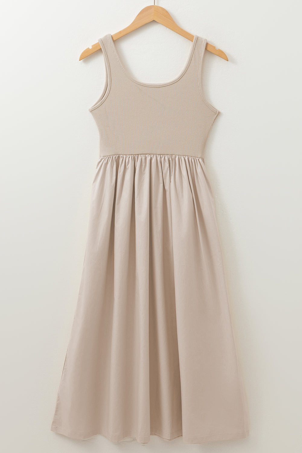 Beige Scoop Neck Ribbed Bodice Pleated Sleeveless Long Dress 🇨🇳