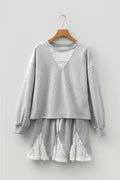 Light Grey Lace Patchwork Drop Shoulder Pullover Drawstring Skort 2pcs Outfit 🇺🇸