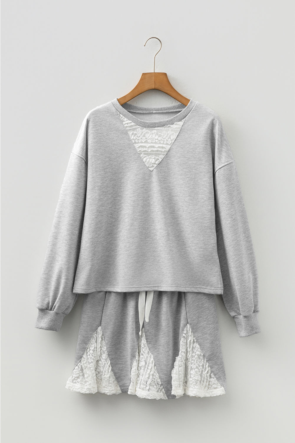 Light Grey Lace Patchwork Drop Shoulder Pullover Drawstring Skort 2pcs Outfit 🇺🇸
