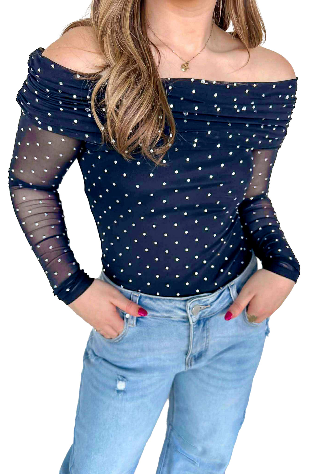 Blue Off Shoulder Polka Dot Mesh Long Sleeve Sheath Top 🇺🇸