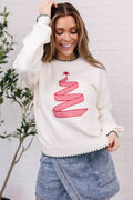 Beige Stitched Detail Christmas Tree Holiday Casual Sweater 🇺🇸