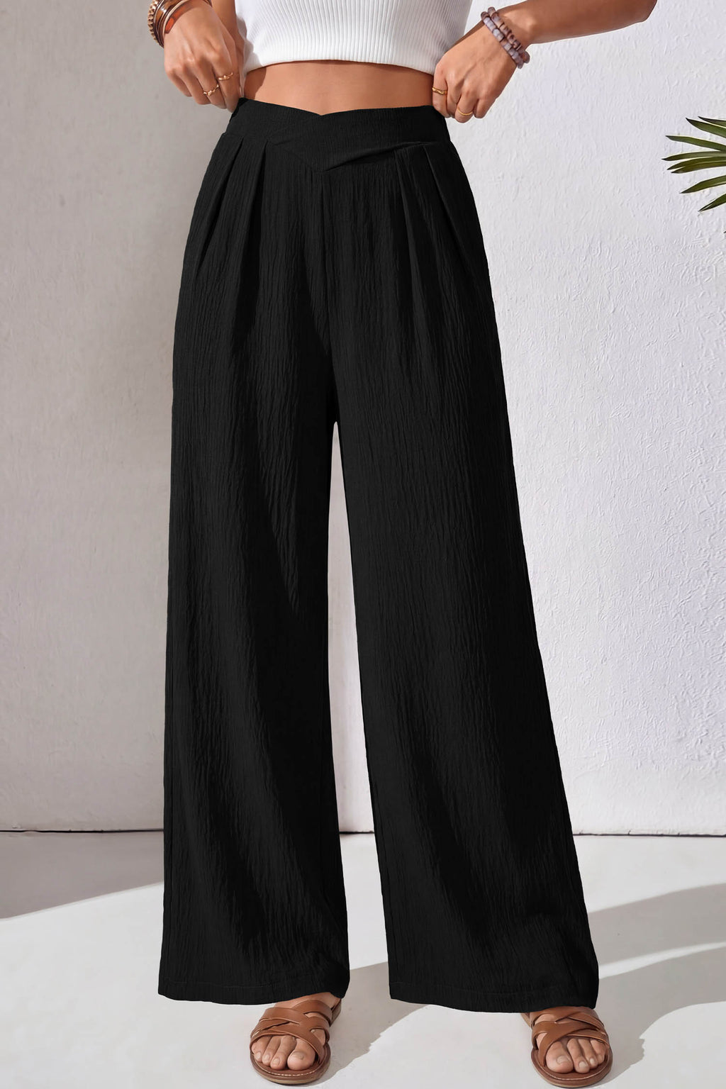 Color black Solid Color Textured Crossed Waist Loose Pants 🇺🇸