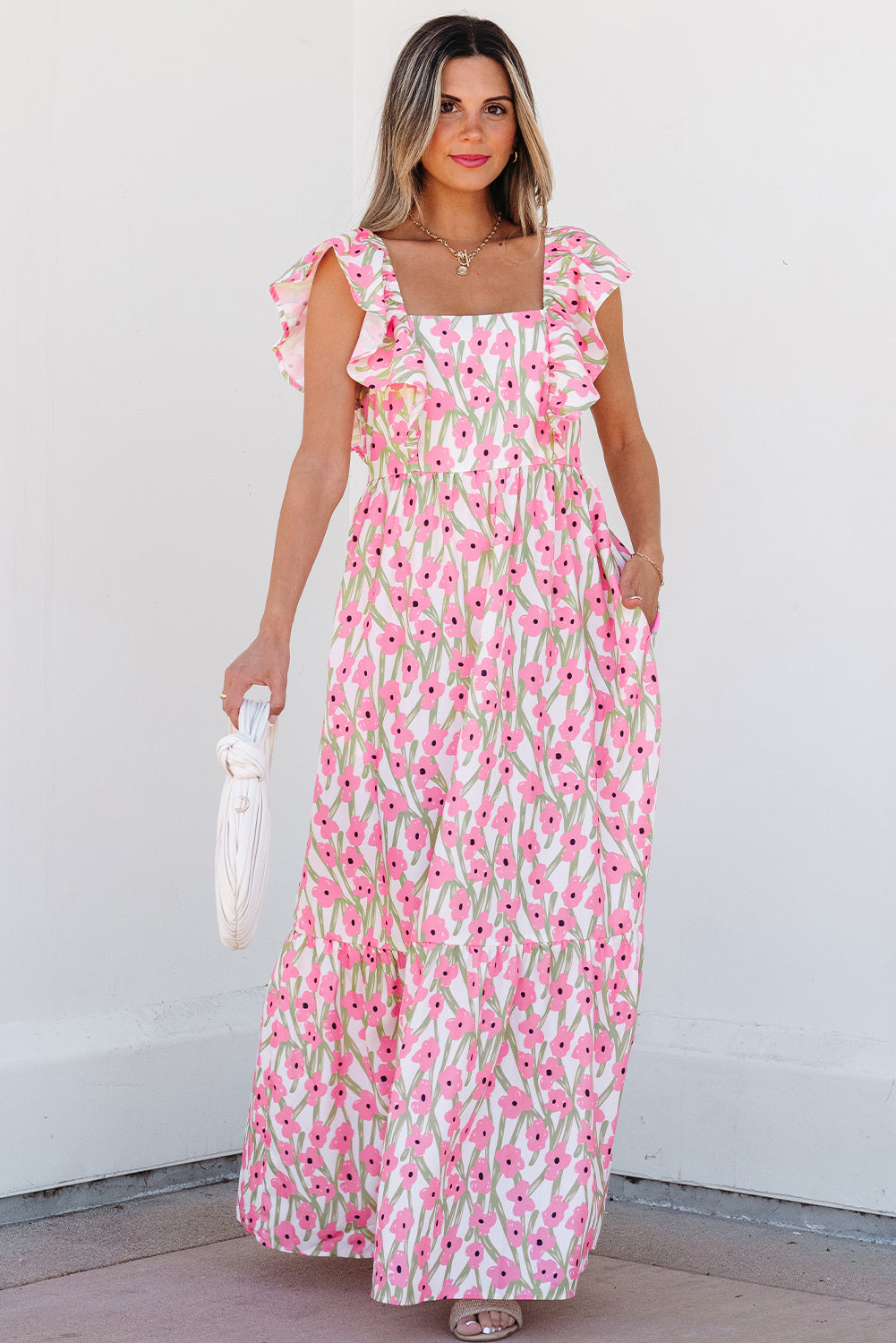 Pink Floral Print Square Neck Ruffled Strap Maxi Dress 🇺🇸