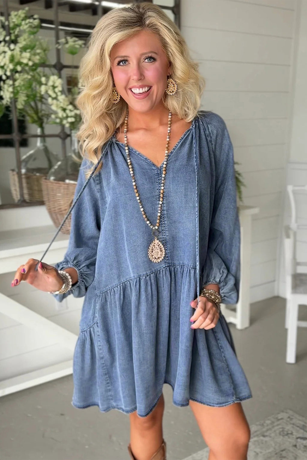 Myosotis Puff Sleeve V Neck Ruffled Loose Denim Mini Dress 🇺🇸