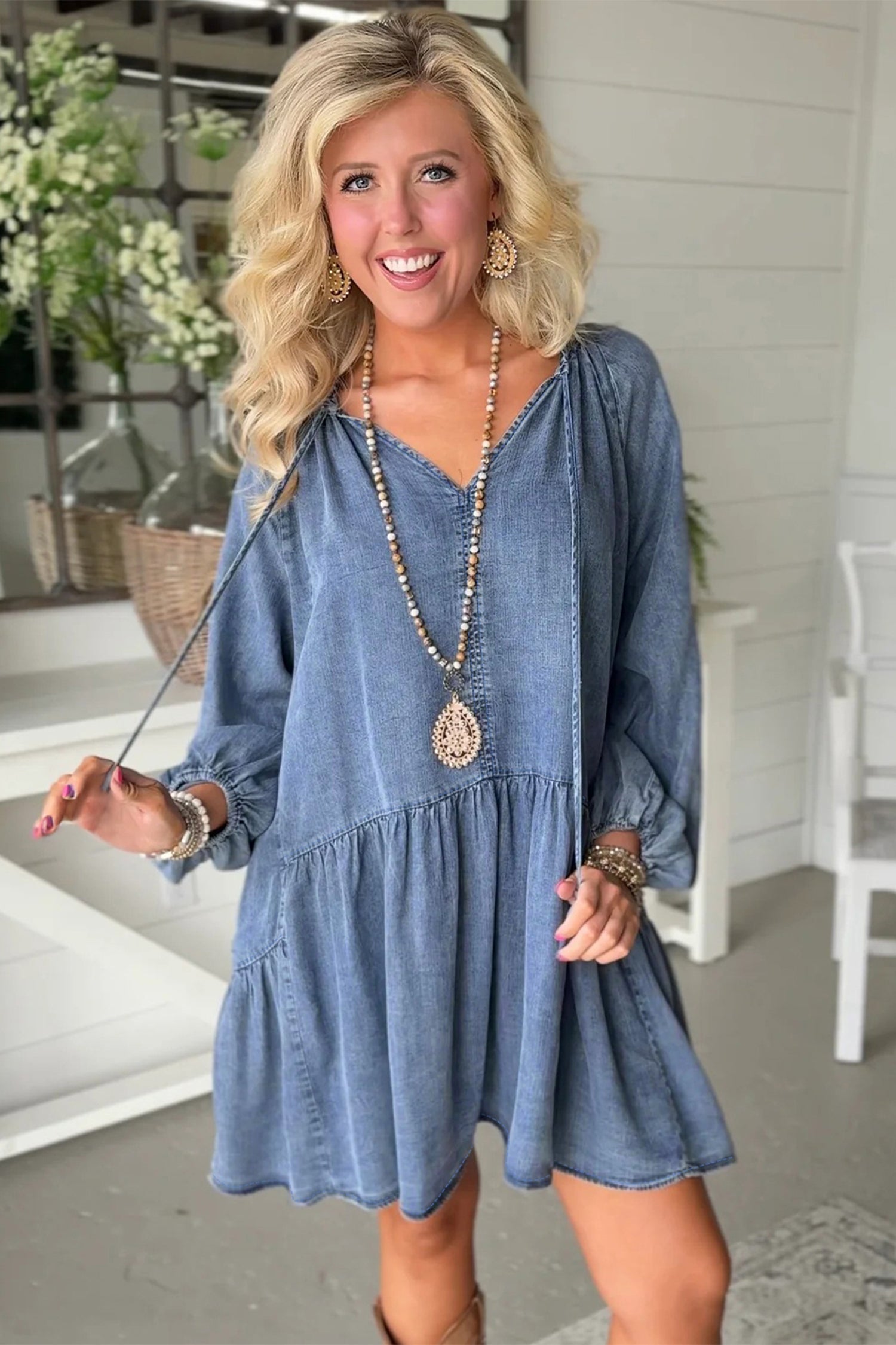 Myosotis Puff Sleeve V Neck Ruffled Loose Denim Mini Dress 🇺🇸