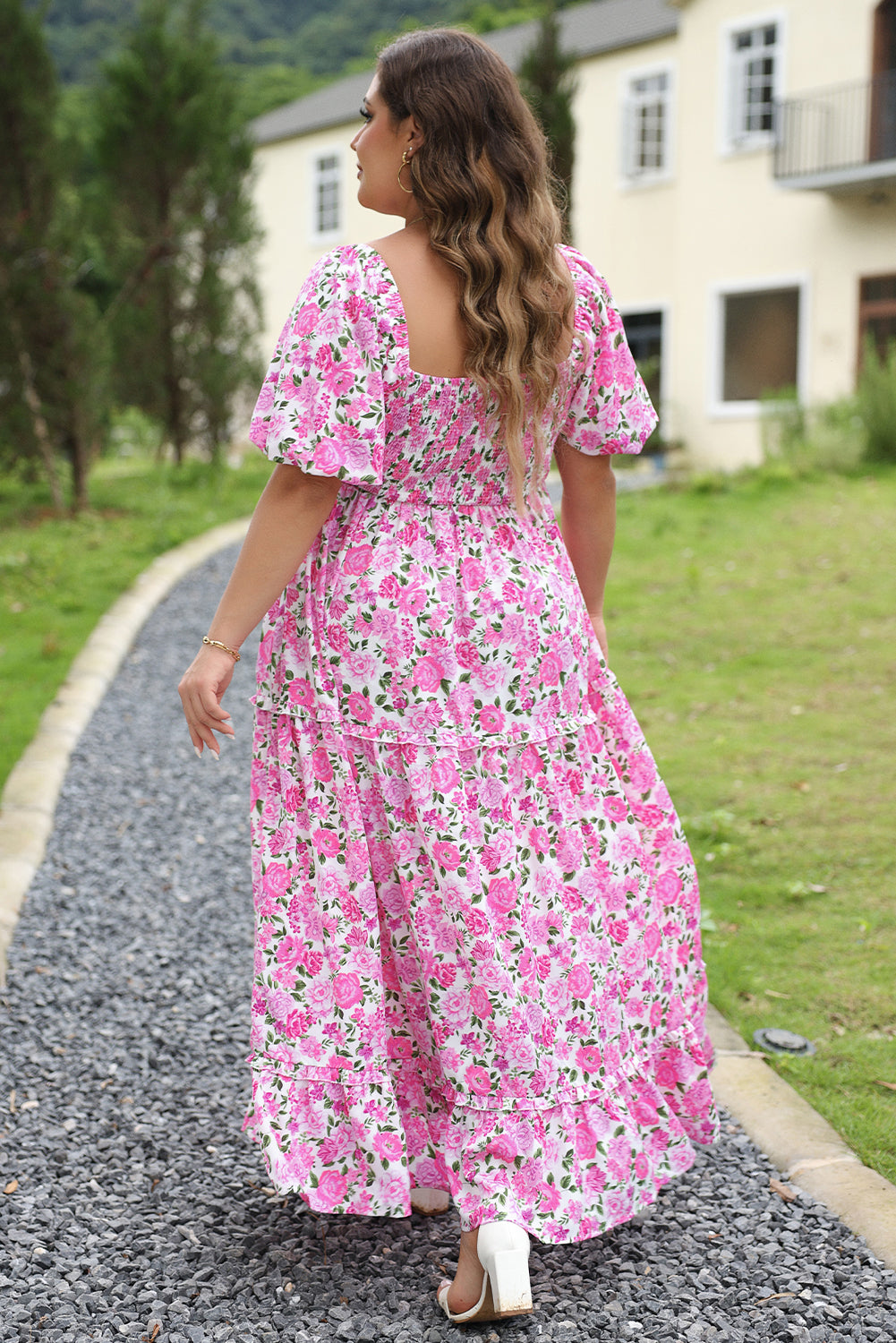 Pink Plus Size Floral Print Smocked Puff Sleeve Dress 🇨🇳