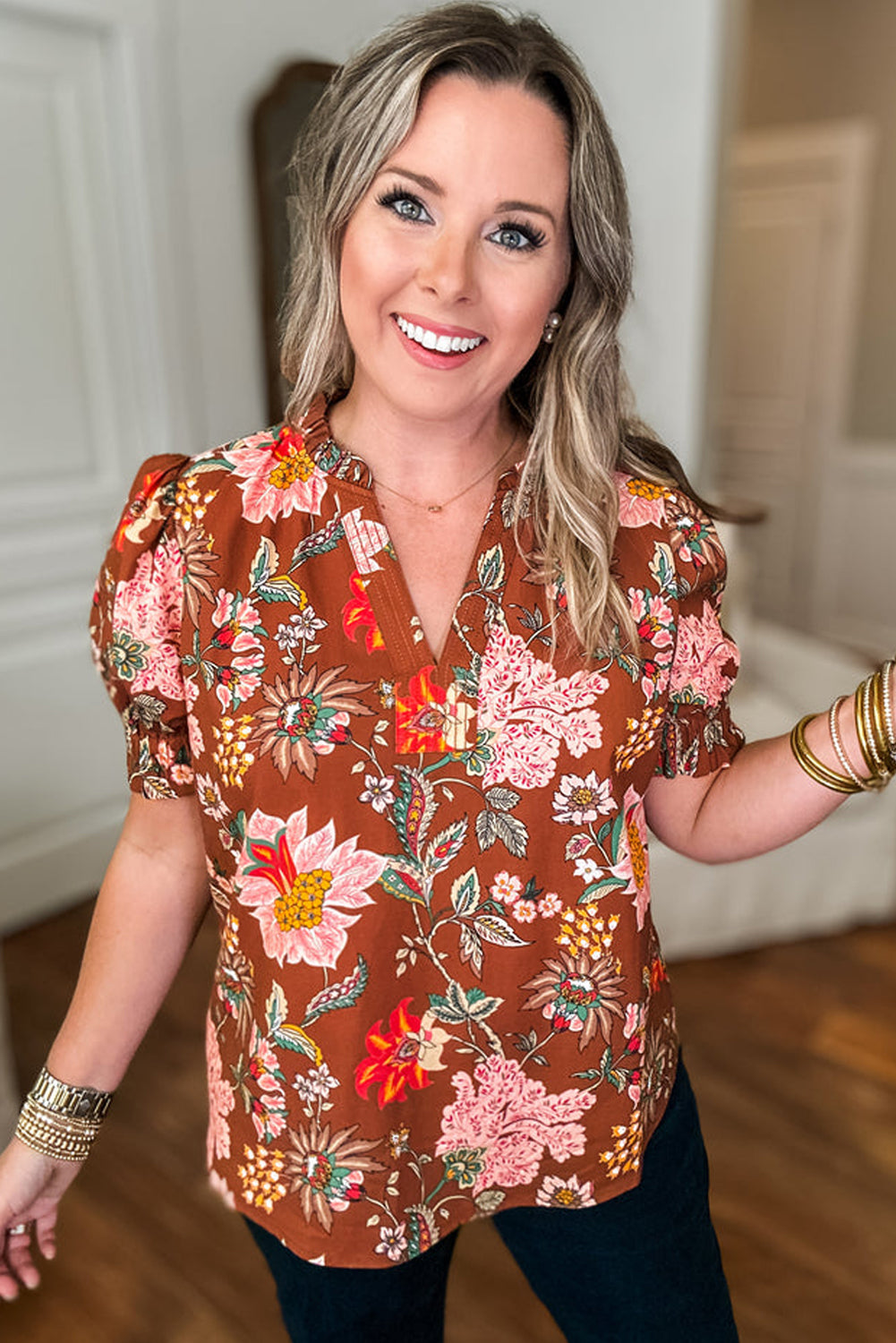 Brown Floral Stitched V Neck Frilled Trim Puff Short Sleeve Blouse 🇨🇳
