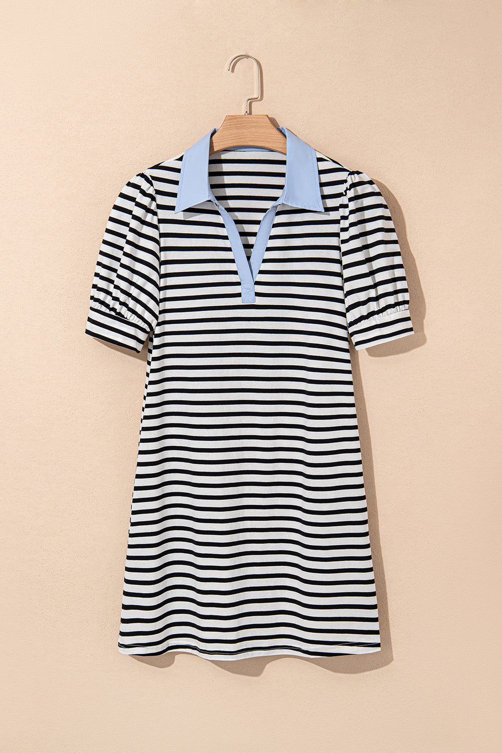 Black Stripe Contrast V Neck Collared Puff Sleeve T Shirt Mini Dress with Pockets 🇨🇳