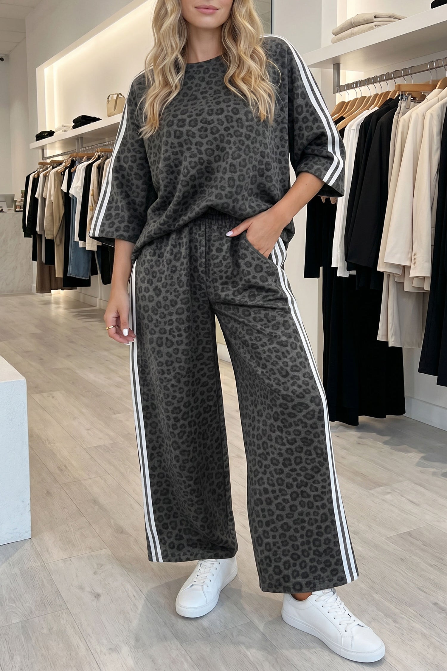Gray Leopard Print Varsity Striped Detail 3/4 Sleeve Top Shift Pant Set 🇺🇸