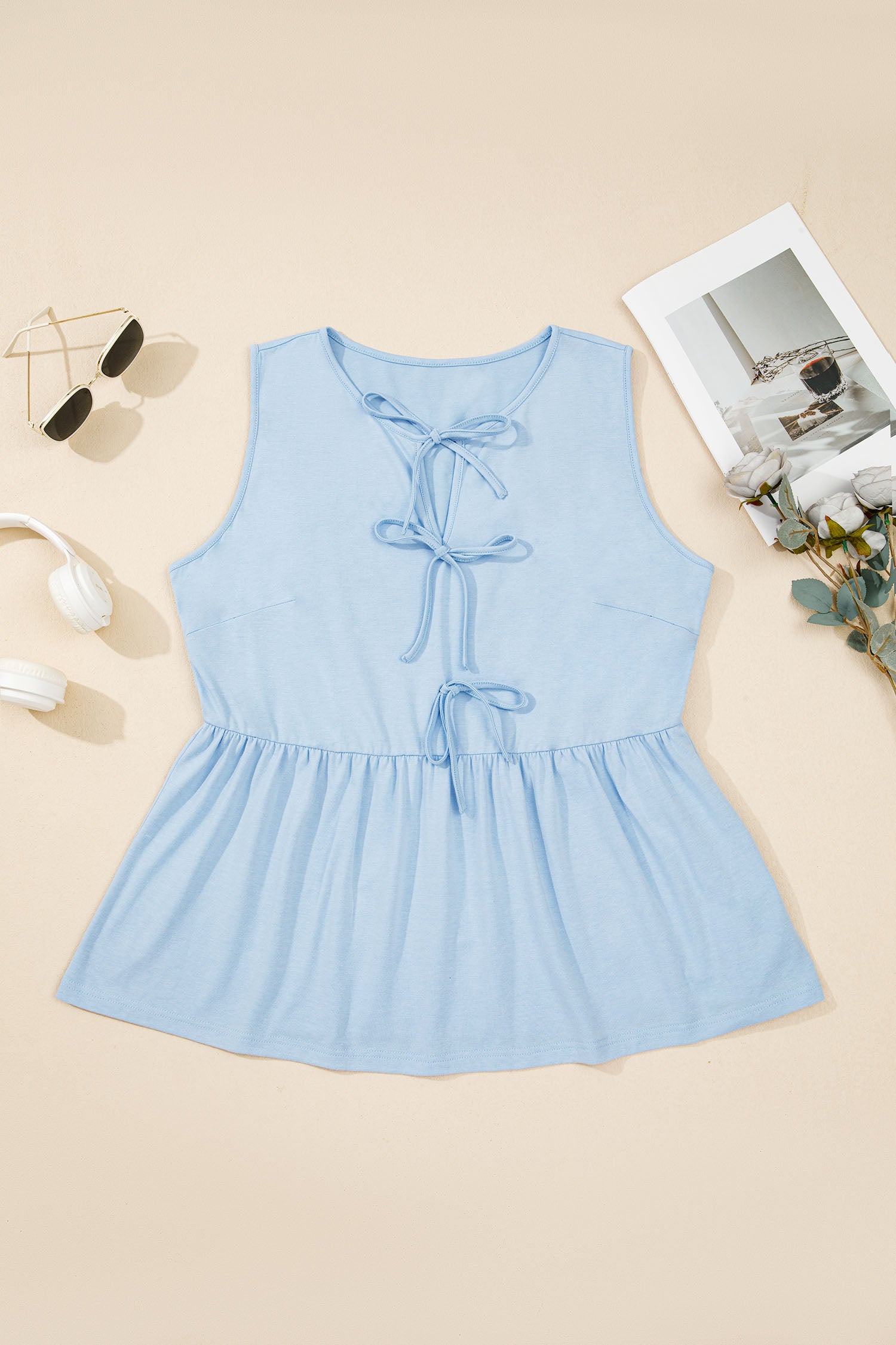 Beau Blue Plus Size Solid Color Bow Tie Peplum Tank Top 🇺🇸