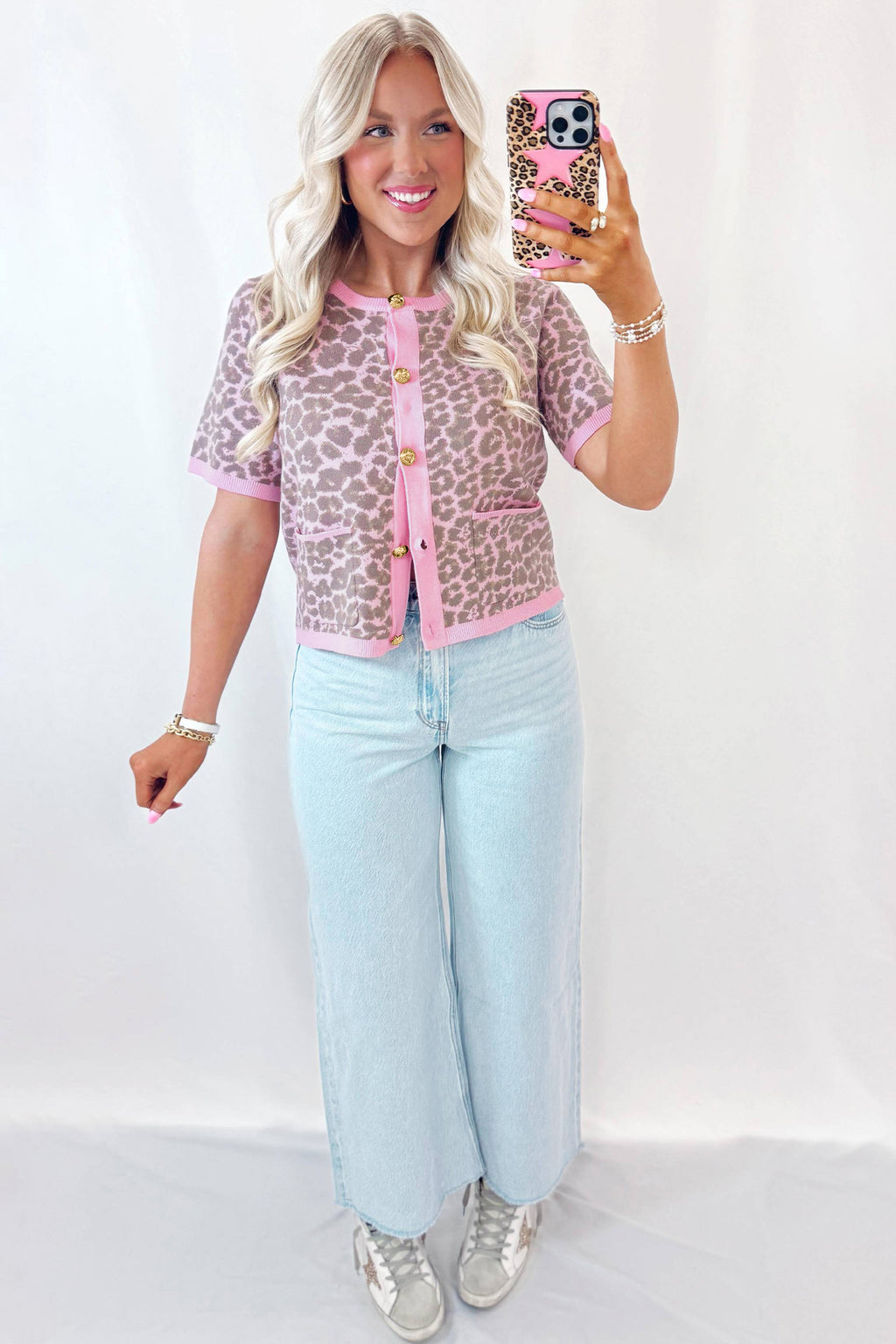 Pink Leopard Button Down Short Sleeve Sweater Cardigan 🇺🇸