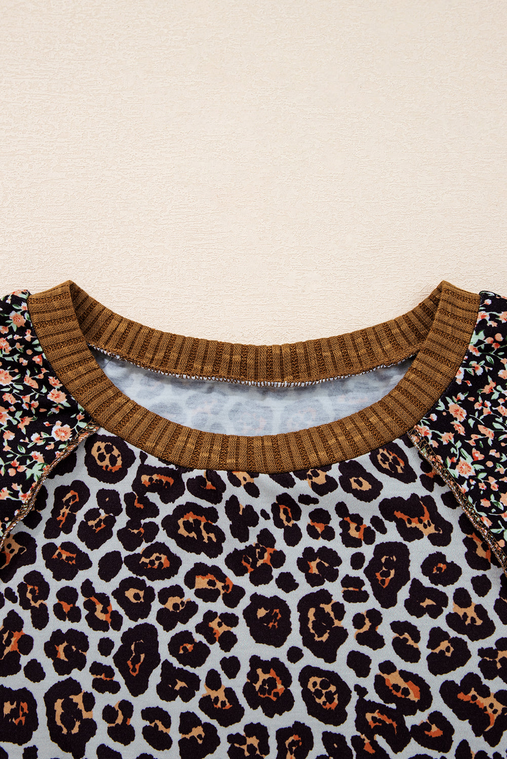 Brown Leopard Floral Print Ribbed Puff Sleeve Patchwork Loose Pullover 🇺🇸