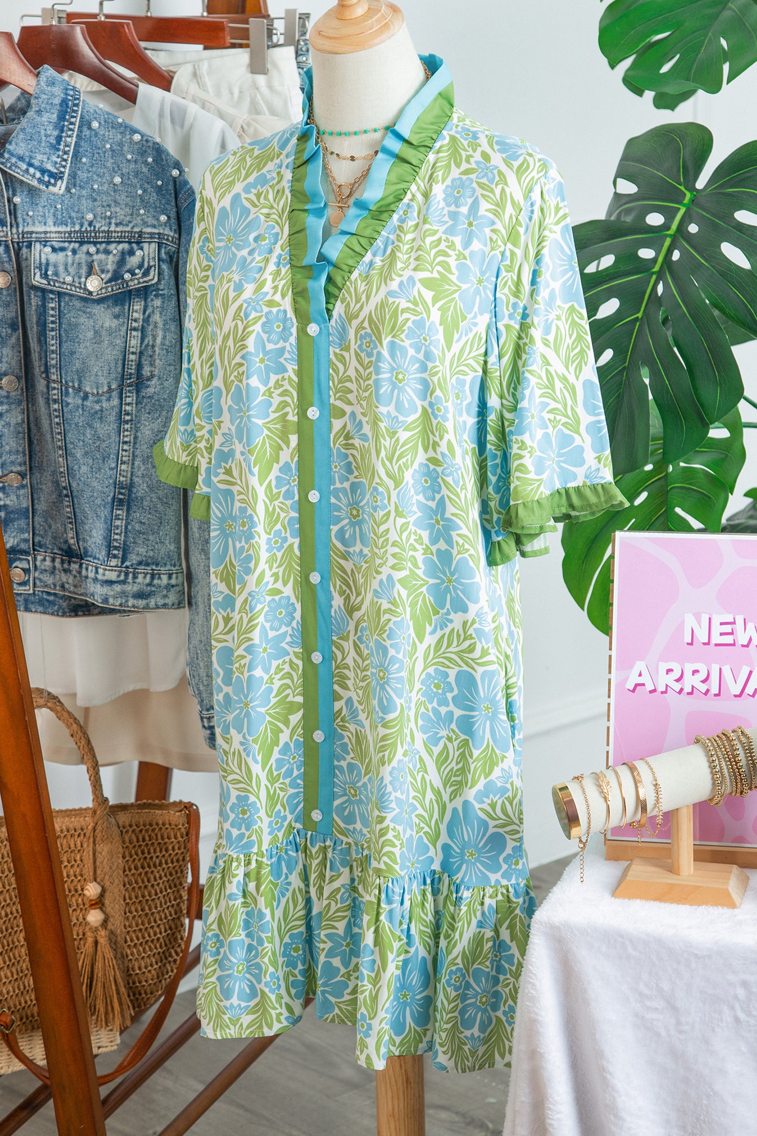 Sky Blue Botanical Floral Print Frilled Trim V Neck Button Front Loose Dress 🇺🇸
