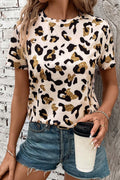 Apricot Leopard Print Round Neck Casual T Shirt 🇨🇳