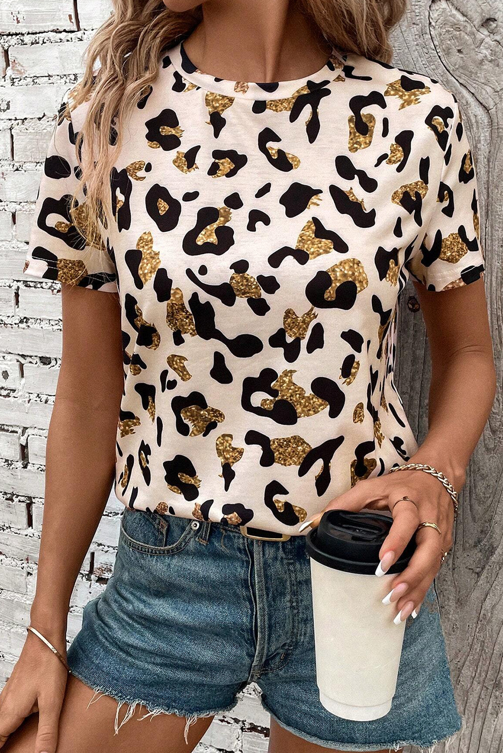 Apricot Leopard Print Round Neck Casual T Shirt 🇨🇳