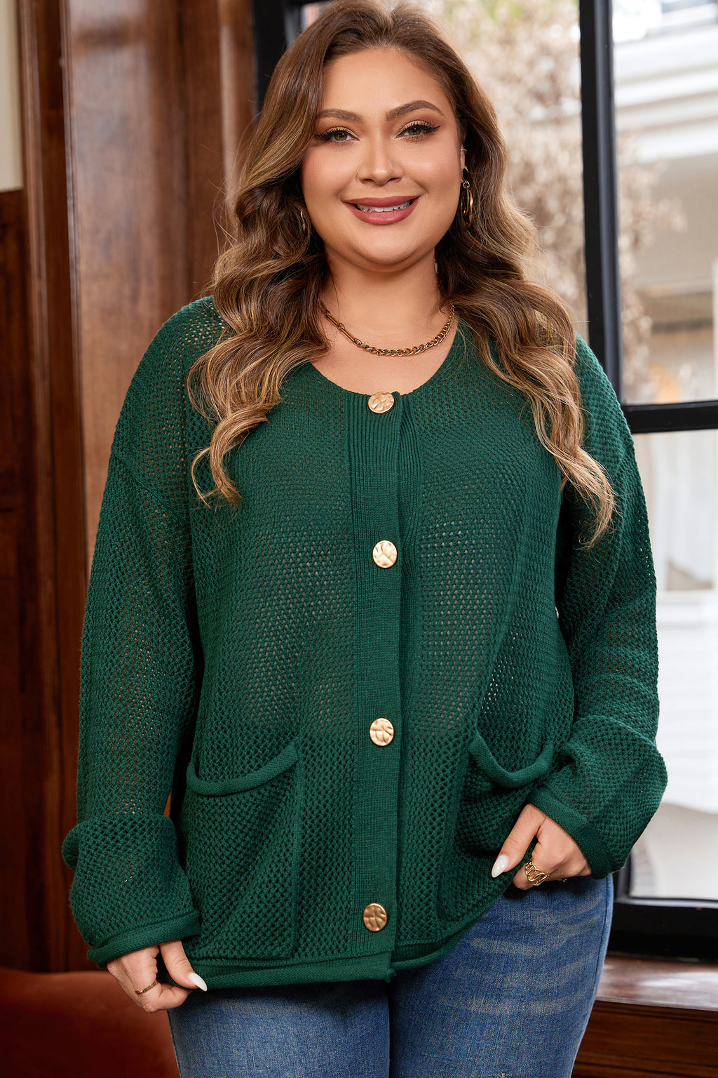 Blackish Green Plus Size Golden Accent Buttons Short Sweater Cardigan 🇺🇸