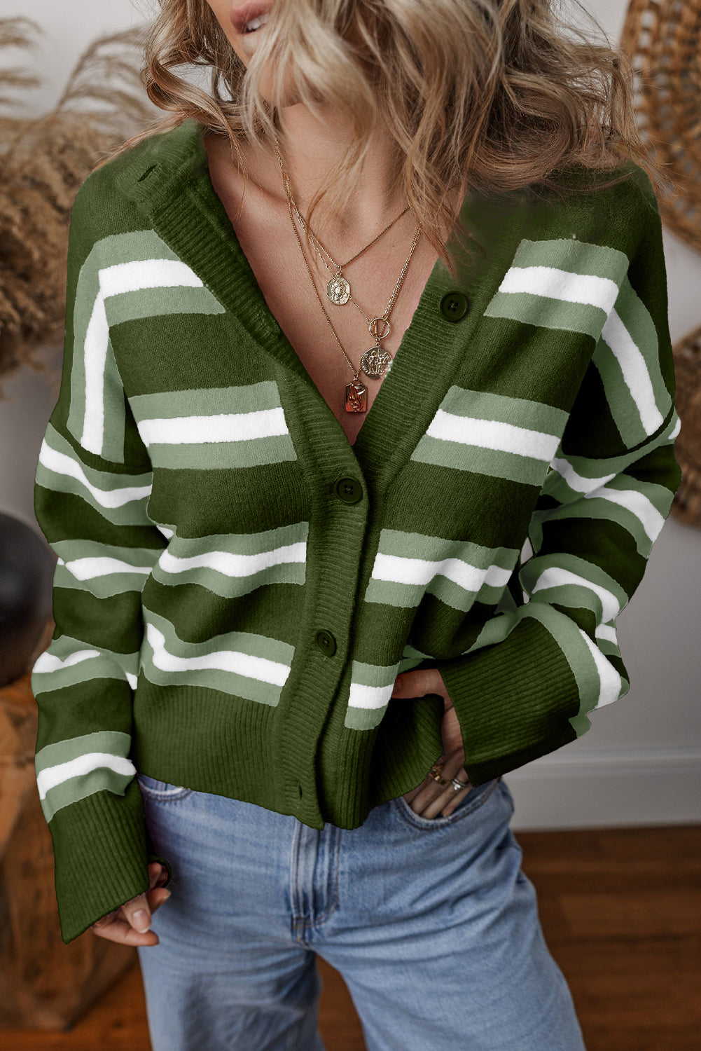 Green Stripe Drop Shoulder Buttons Cardigan Sweater 🇺🇸