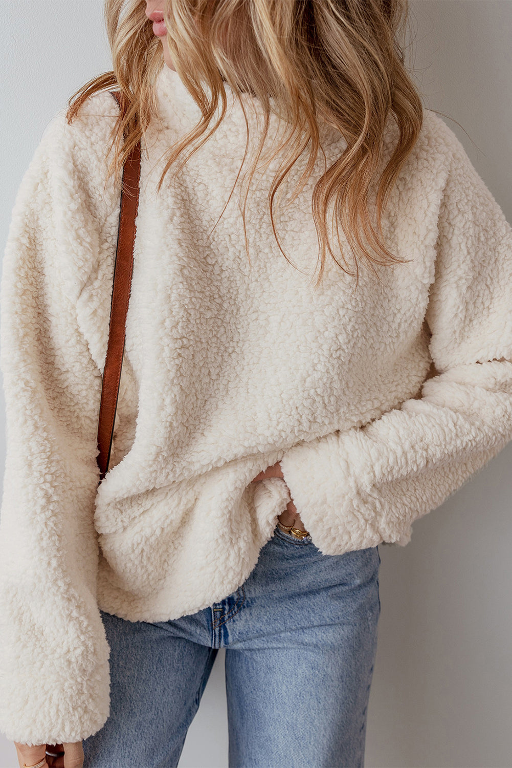 White Solid Fleece High Neck Drop Shoulder Pullover Sweatshirt 🇺🇸