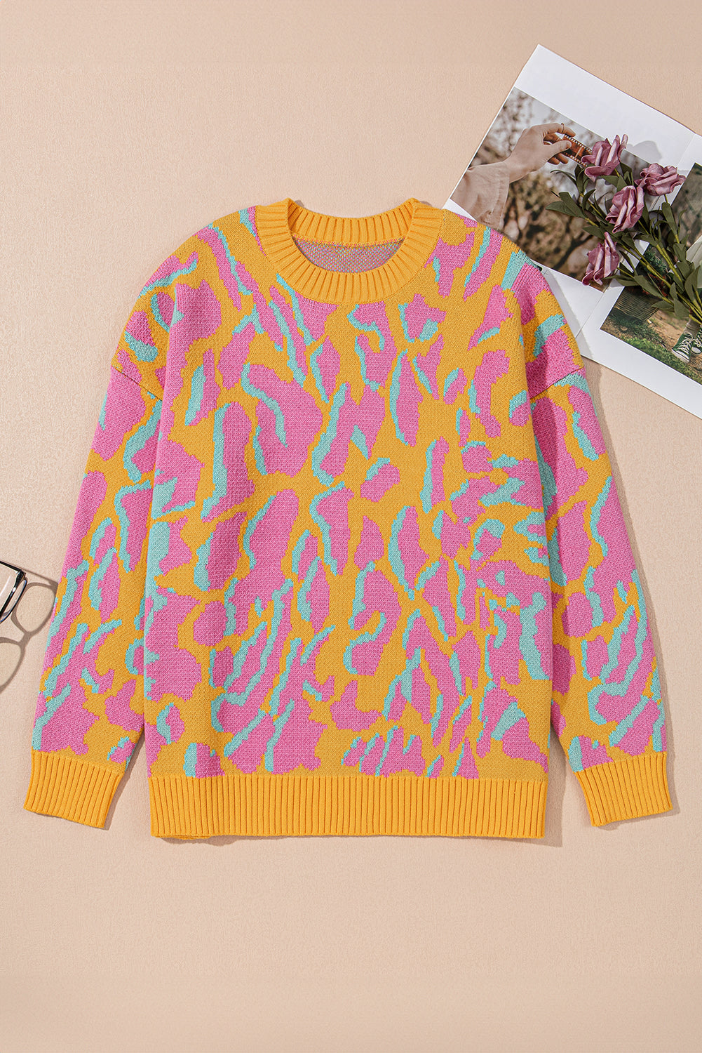 Bright Pink Plus Size Leopard Ribbed Trim Sweater 🇺🇸