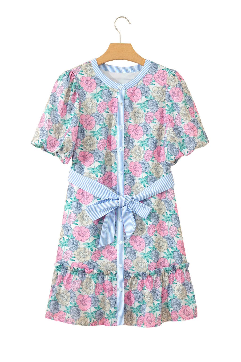 White Floral Print Striped Contrast Trim Belted Short Dress 🇺🇸