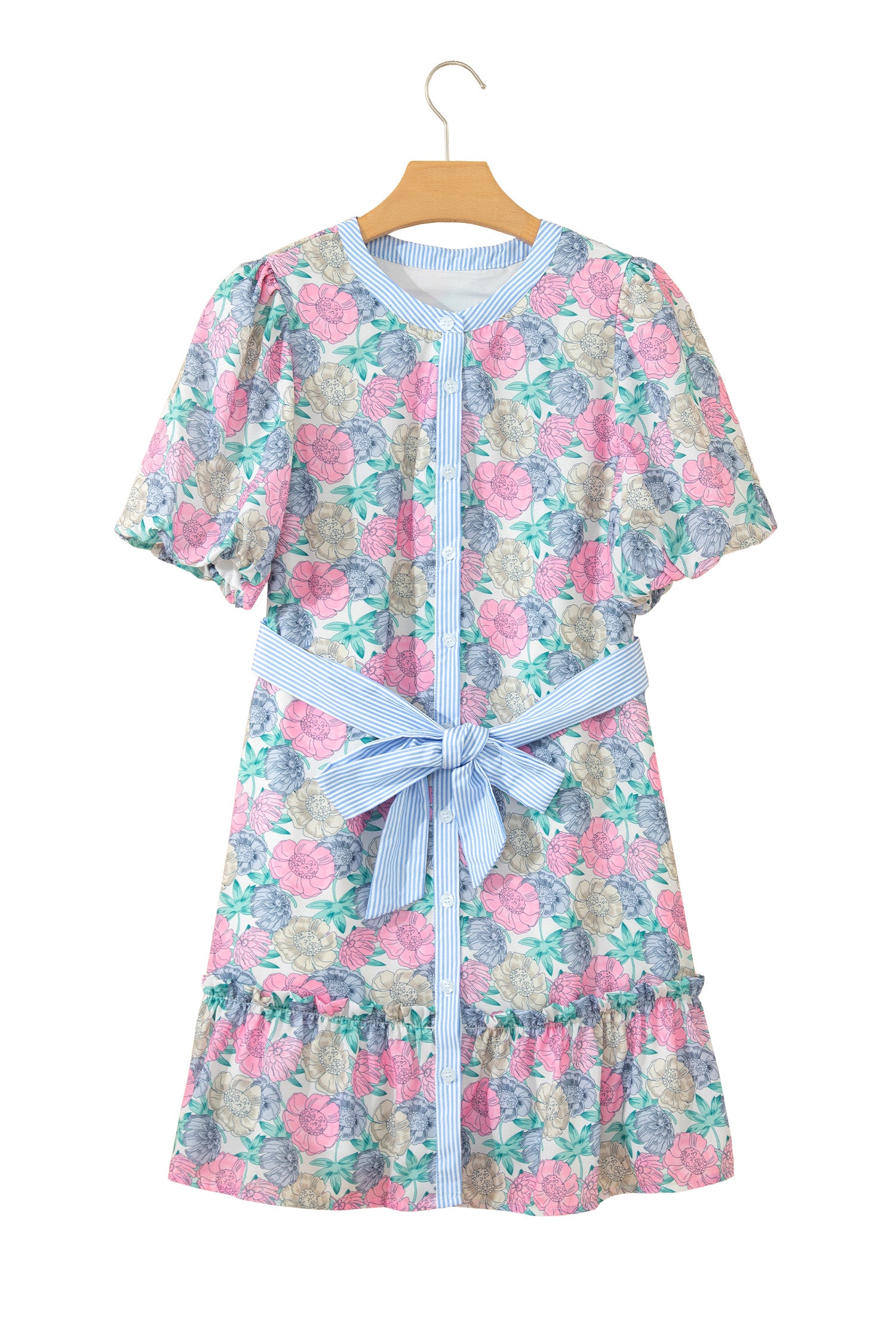 White Floral Print Striped Contrast Trim Belted Short Dress 🇺🇸