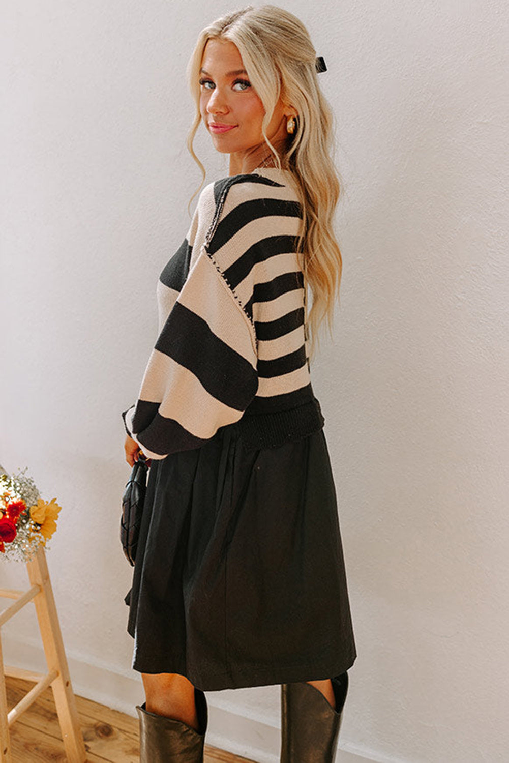 Black Stripe Two in One Knitted Top High Waist Splicing Hem Sweater Dress 🇺🇲