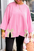 Pink Floral Bow Patched Exposed Seam Patchwork Slit Baggy Sweatshirt 🇺🇸