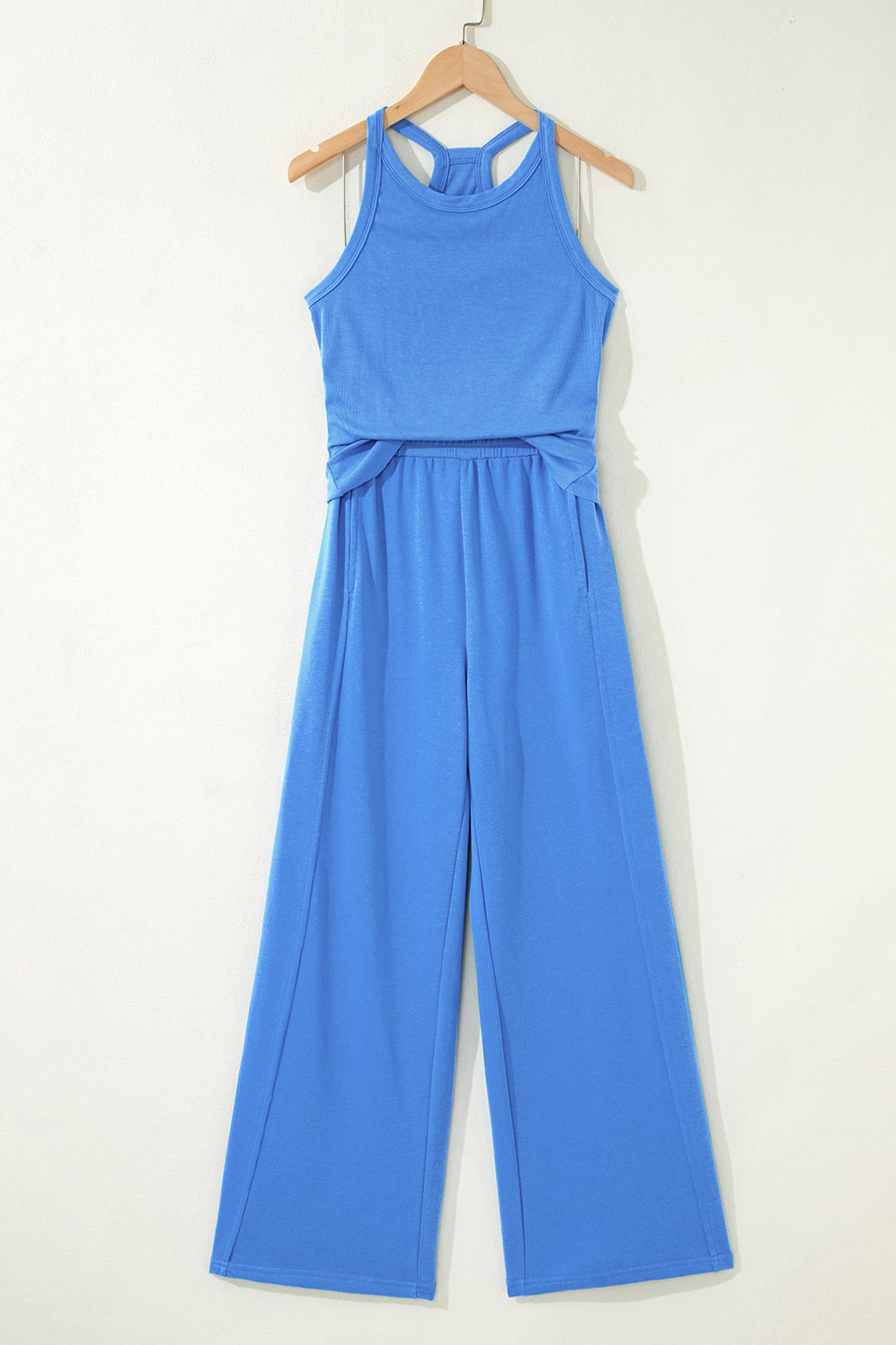 Sky Blue Slim Ribbed Tank Top and Sweatpants Set 🇺🇸