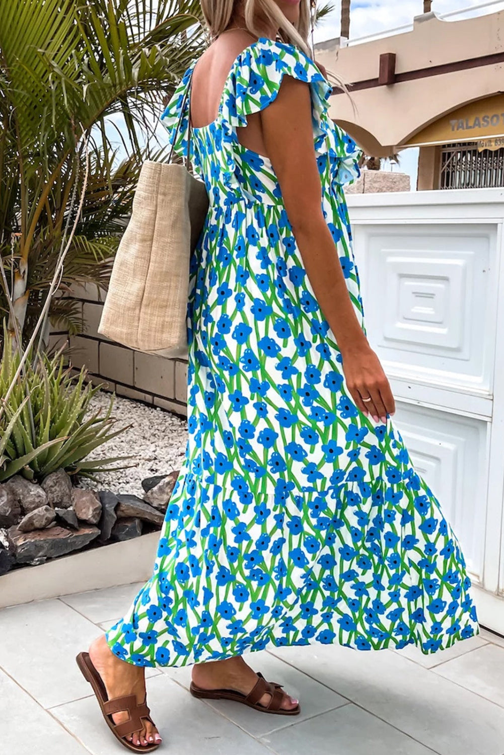Blue Floral Print Square Neck Ruffled Strap Maxi Dress 🇨🇳