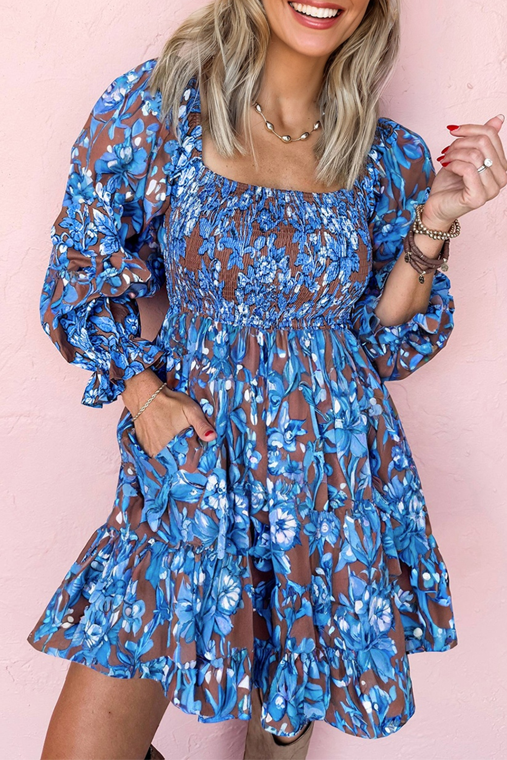 Blue Smocked Bodice High Waist Ruffled Sleeve Floral Dress 🇺🇸
