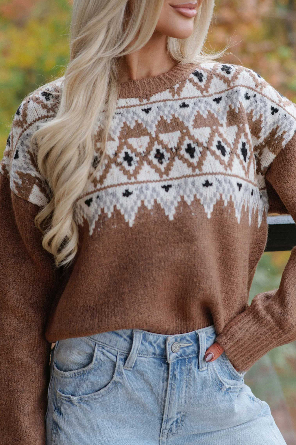 Khaki Geometric Print Drop Shoulder Casual Pullover Sweater 🇺🇸