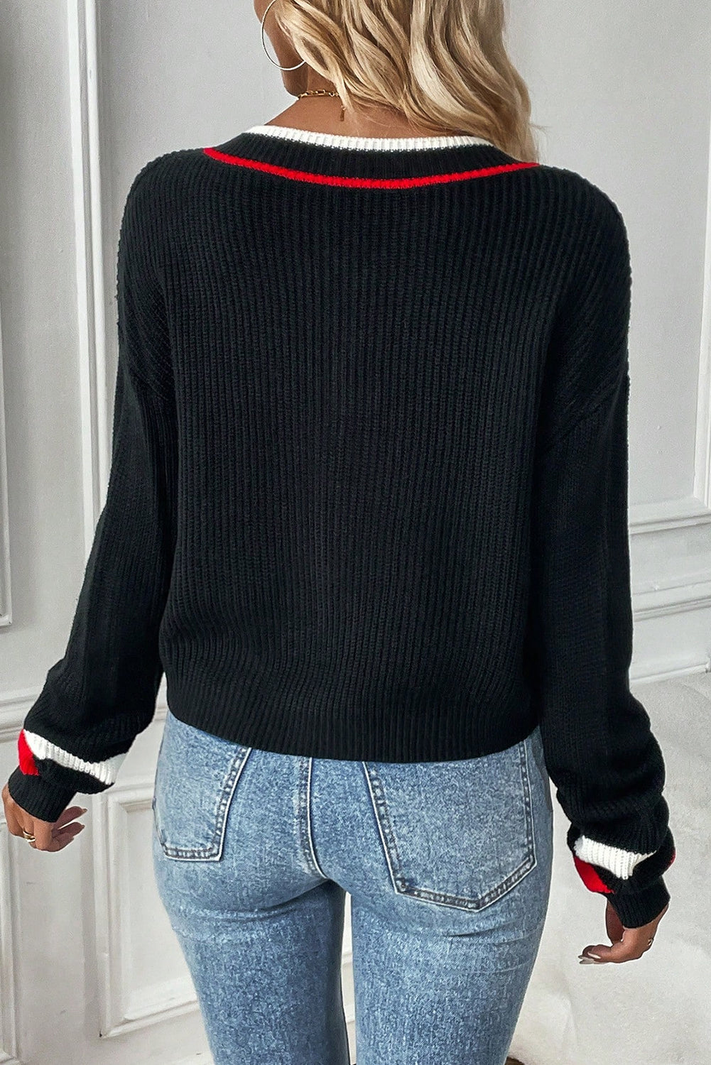 Black Contrast Striped Trim V Neck Drop Shoulder Sweater 🇺🇸
