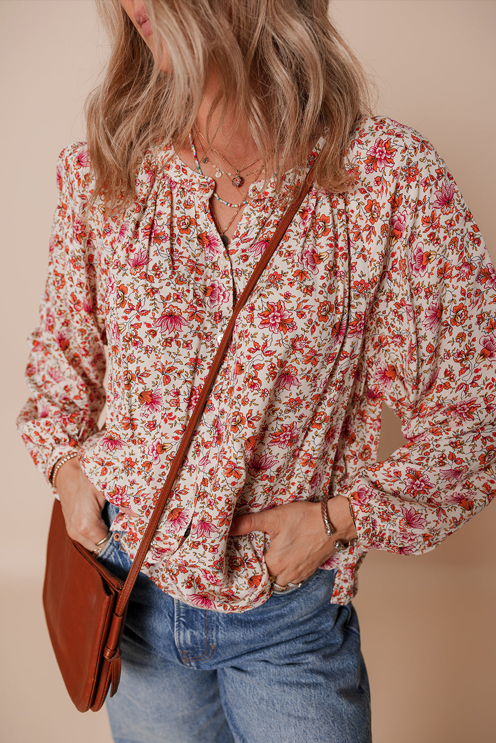 Red Floral Print Pleated Detail Notched Neck Puff Sleeve Blouse 🇺🇸