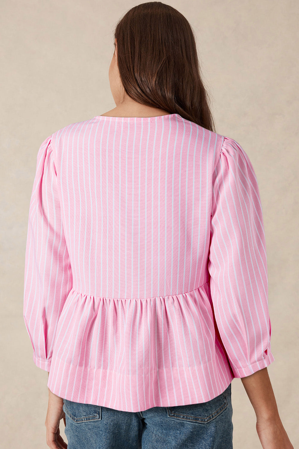 Pink Stripe Bowknot Front Crew Neck Puff Sleeve Blouse 🇺🇸