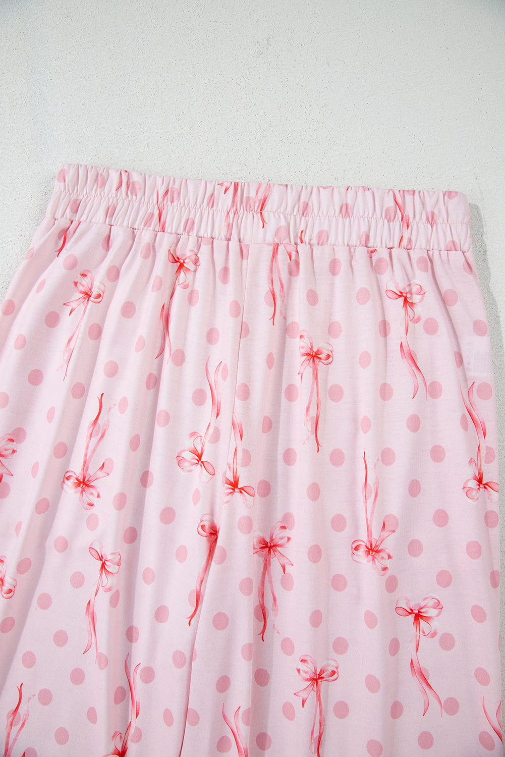 Pink Bow Knot Polka Dot Print Short Sleeve Top Lounge Set 🇺🇸