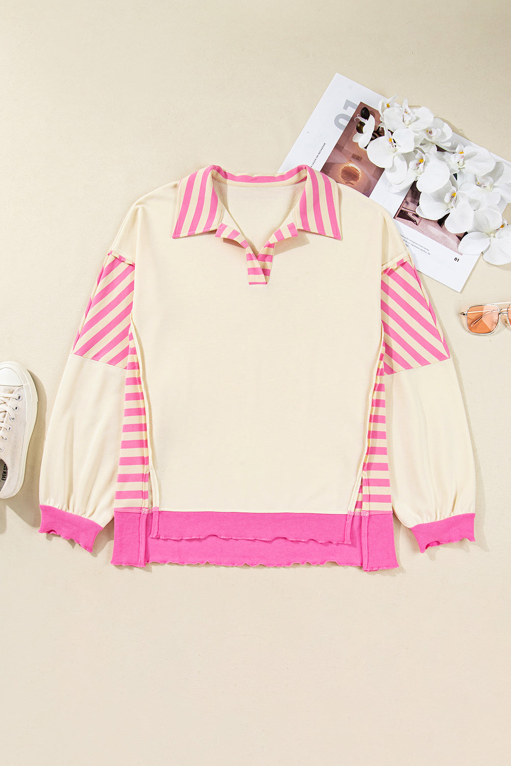 Pink Stripe Contrast Polo Collar Drop Shoulder Patchwork Plus Size Pullover 🇺🇸