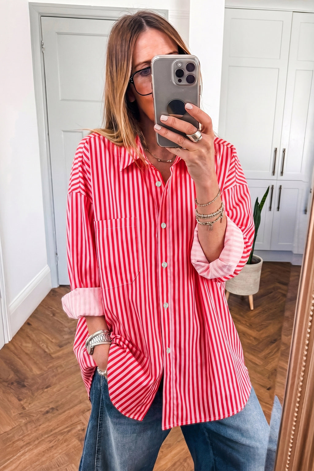 Red Stripe Button-Up Shirt Long Sleeve Patch Pocket Casual Shirt 🇺🇸