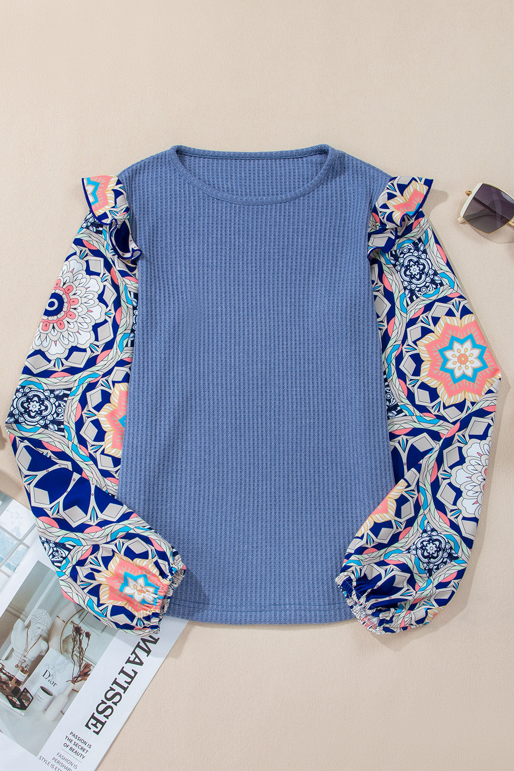 Ashleigh Blue Ruffled Floral Sleeve Patchwork Waffle Knit O Neck Blouse 🇺🇸