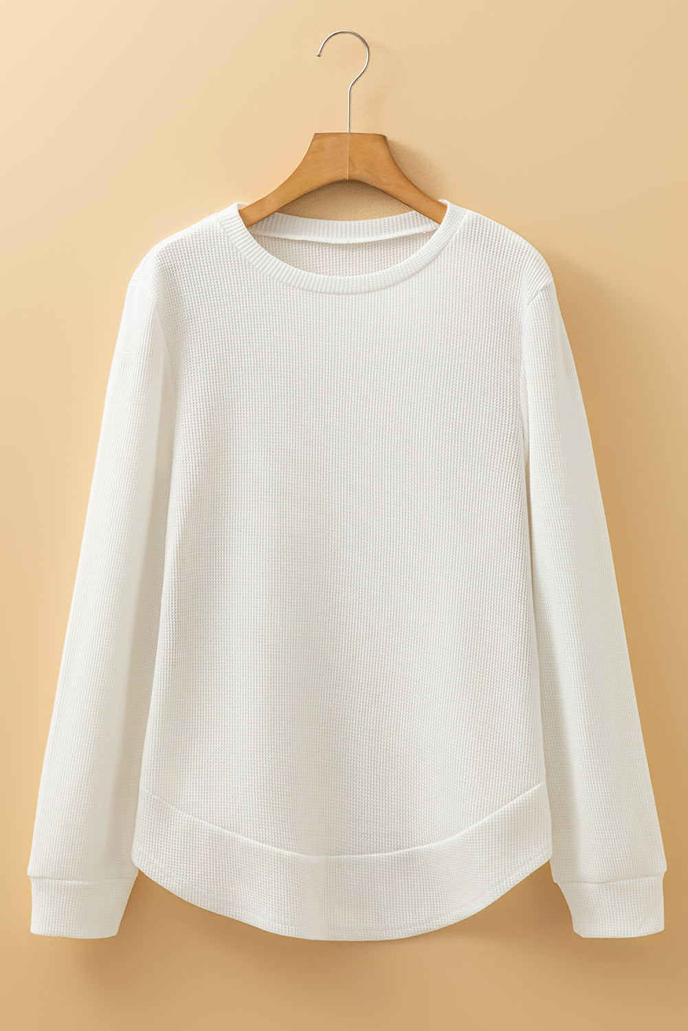 White Rounded Hem Waffle Long Sleeve Top 🇺🇸