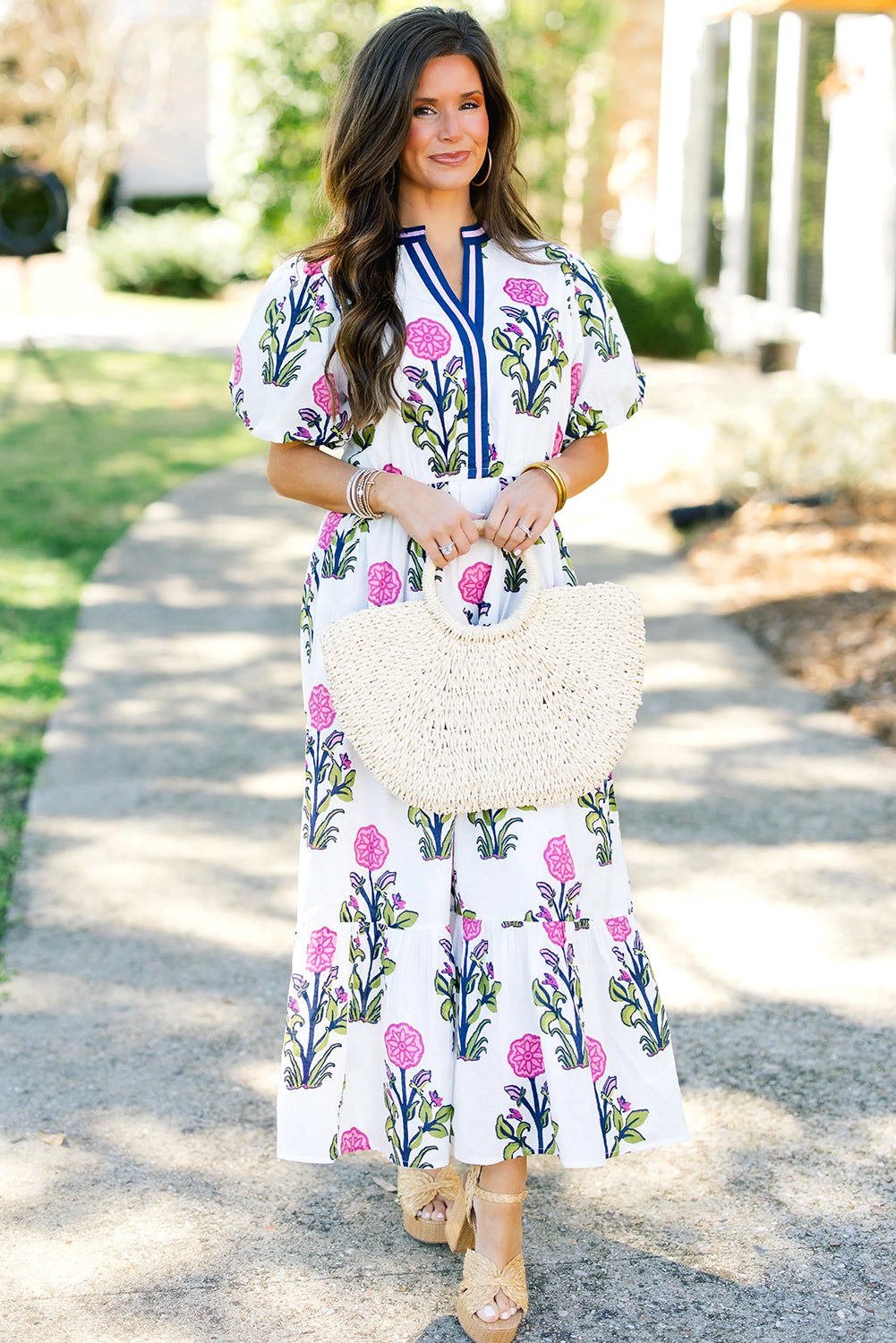 White Floral Puff Short Sleeve V Neck High Waist Maxi Dress 🇨🇳