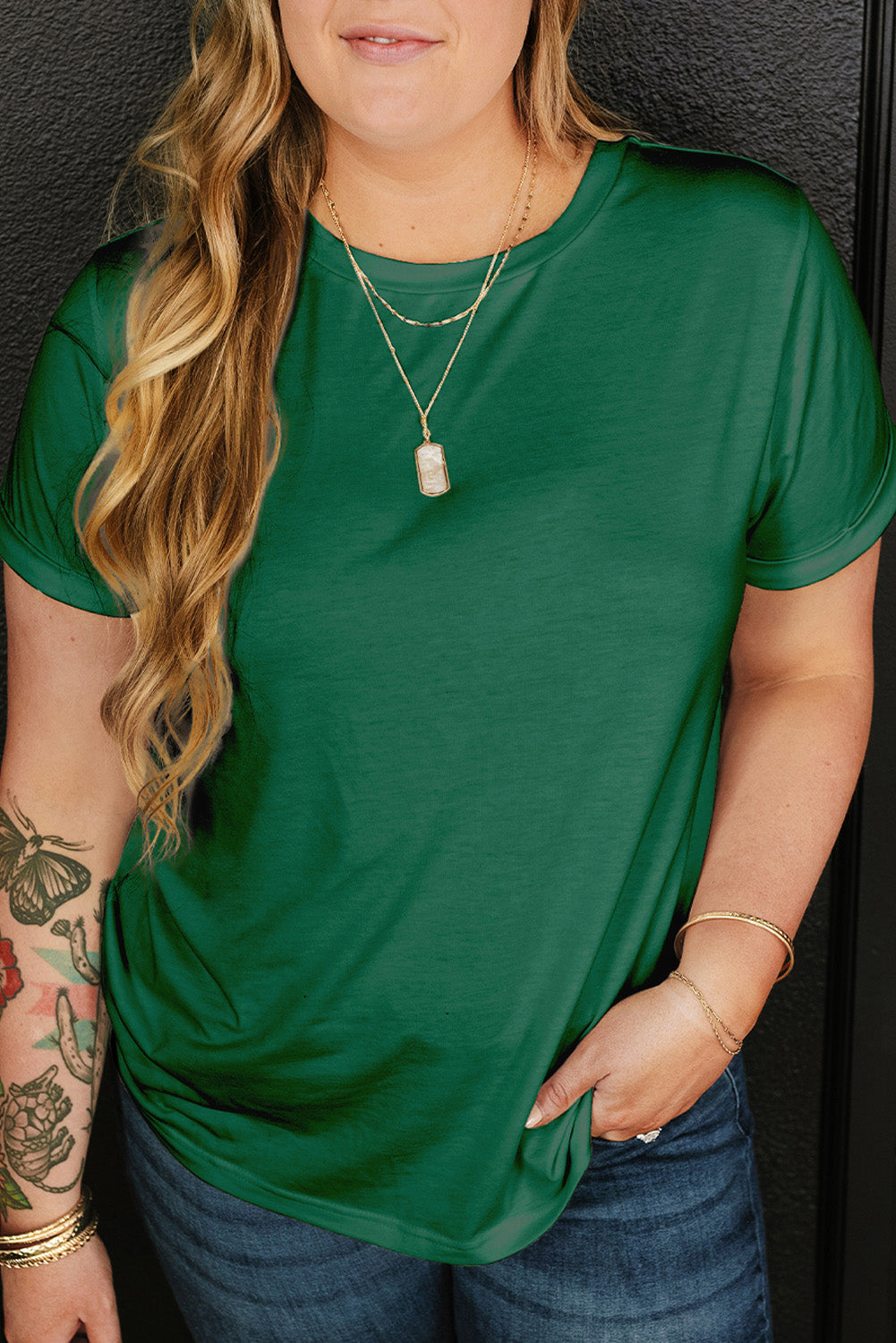 Dark Green Round Neck Rolled Sleeve Plus Size T-shirt 🇨🇳