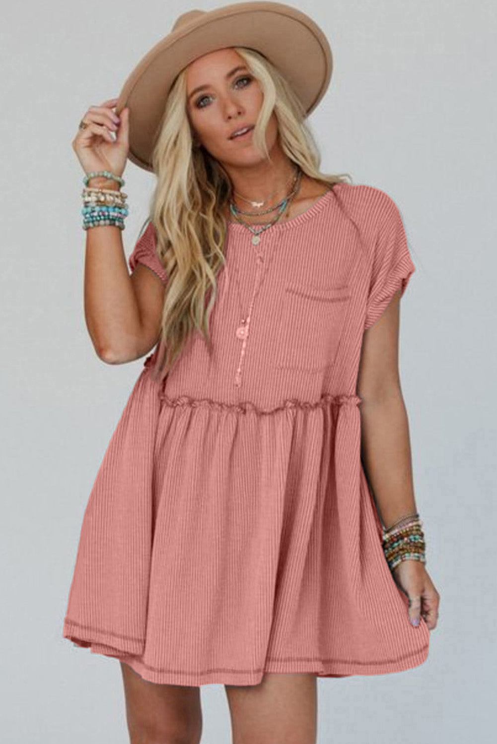 Dusty Pink Corded Knit Textured Patched Pocket Frilled Swing Mini Dress with Pockets 🇨🇳