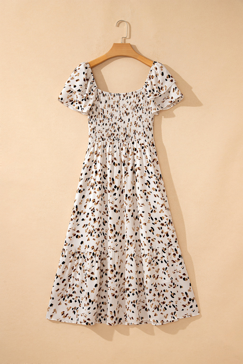 Beige Ditsy Floral Print Smocked Square Neck Ruffle Short Sleeve Dress 🇺🇸