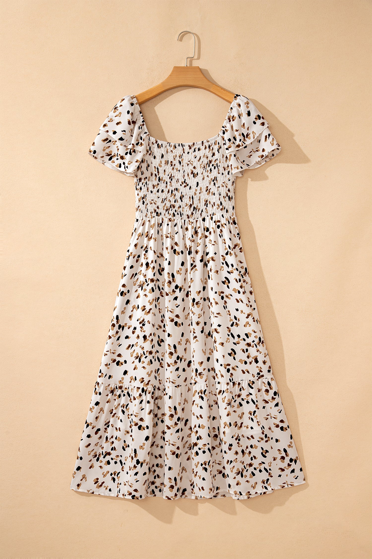 Beige Ditsy Floral Print Smocked Square Neck Ruffle Short Sleeve Dress 🇺🇸