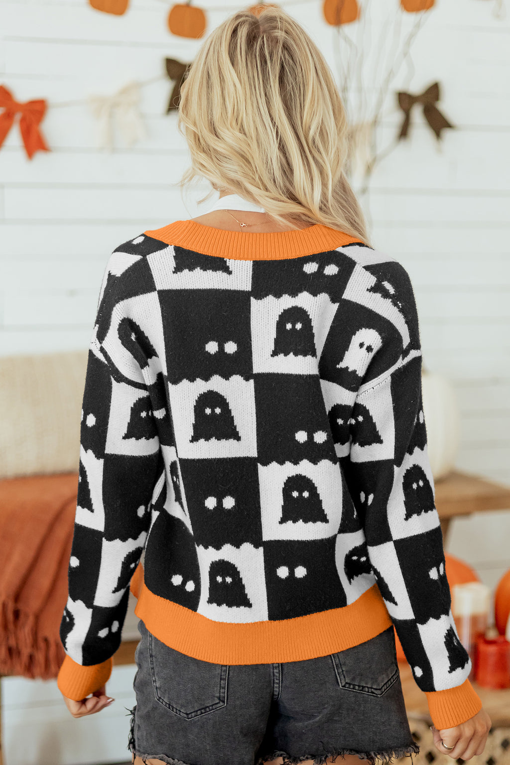 Black Geometric Ghost Print Drop Shoulder Knit Cardigan