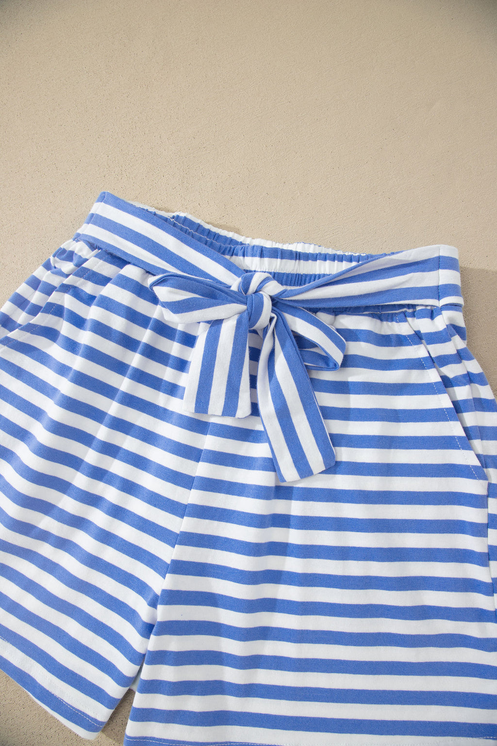 Sky Blue Stripe Contrast Trim Crew Neck Tee Knot Shorts 2pcs Set 🇺🇸