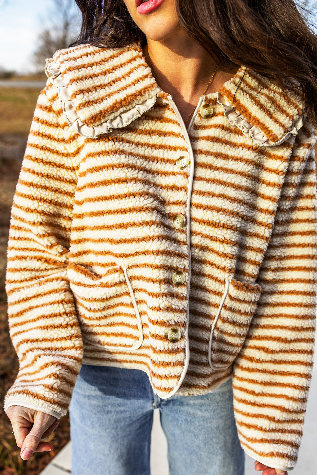 Brown Stripe Striped Fleece Button Front Long Sleeve Regular Fit Jacket 🇺🇸